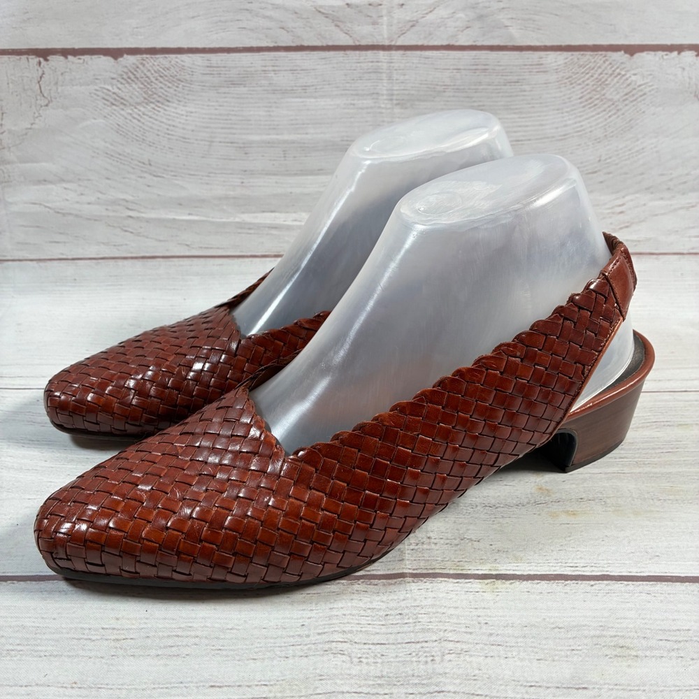 Enzo Angiolini Woven Leather Slingback Heels Womens 8.5 Brown Good Block Heel
